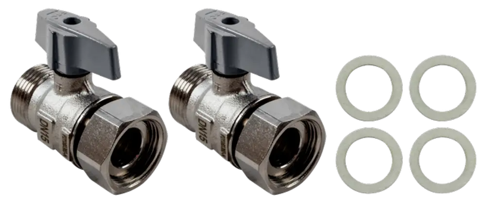 Zwei moderne Absperrventile aus Metall mit Hebel und vier Dichtungen, geeignet für Wolf Brennwertthermen ab 35kW.